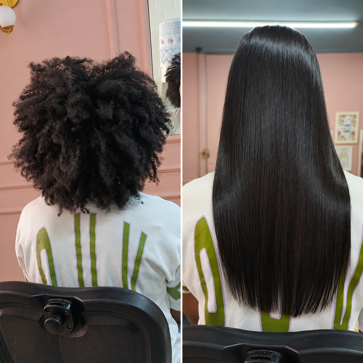 Antes e depois de alisamento capilar